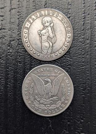 Монета с аниме девушкой one dollar usa anime сувенирная монетка анимещница waifu girl подарок бантик american coin один доллар