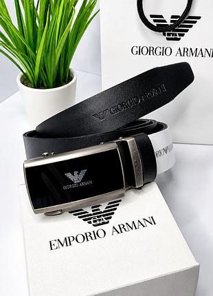 Чоловічий ремінь з автоматичною пряжкою armani чорний зручний шкіряний пояс для штанів у коробці для подарунку