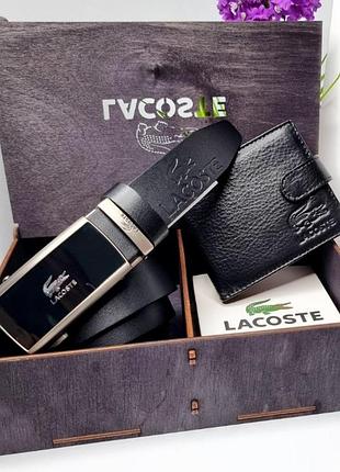 Ремінь автомат з натуральної шкіри lacoste подарунковий набір для чоловіка чорний шкіряний пояс і гаманець в коробочці з дерева