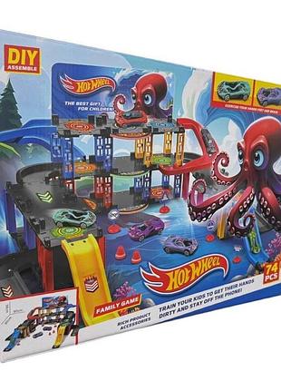 Траса з гірками та паркінгом hot wheels 74 деталі t876-16 (24 шт.)