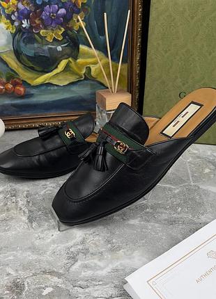 Gucci web paride interlocking g tassel mule мужские мюли шлепанцы кожа оригинал 42 eur