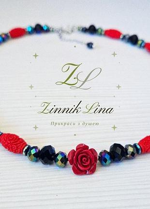 Чокер "кармен" ручної роботи від zinniklina з чешского кришталю та бусин з коралу