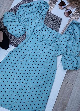 Літня сукня missguided m коротке плаття в горох блакитна сукня приталена плаття трапеція з обʼємними рукавами
