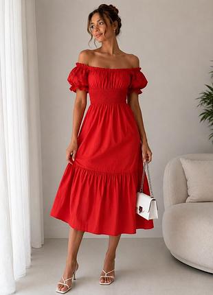 Червона сукня h&m міді з відкритими плечима / пишними рукавами xs-s