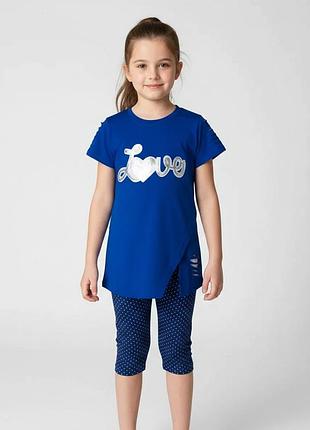 Комплект для девочки на лето футболка и велосипедки smiletime lovely, синий с беллим 110