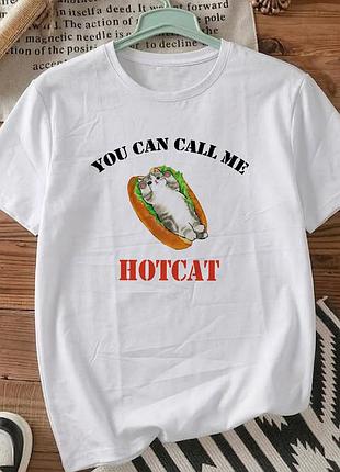 Футболка біла з принтом «you can call me hotcat» розмір l. мемні принти. футболки для жінок та чоловіків.