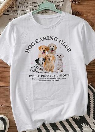 Белая футболка с принтом «dog caring club» размер xxxl . мемные принты. футболки для женщин и мужчин.
