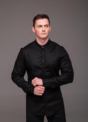 Черная мужская рубашка на лето, лён, воротник стойка