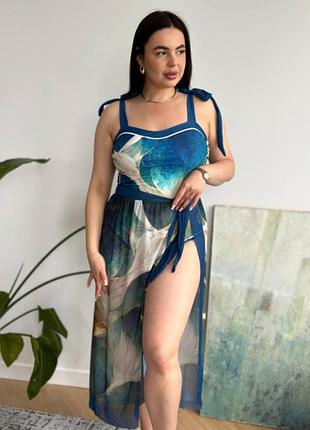 Суцільний синій купальник з утяжкою plus size з парео