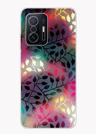 Чехол xunlaixin для xiaomi mi 11t / mi 11t pro с защитным стеклом, прозрачный tpu, рисунок «разноцветные листья»