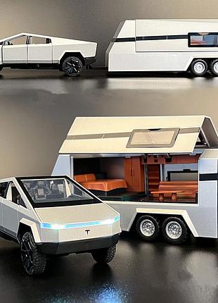 Масштабная модель автомобиля tesla cybertruck pickup с трейлером и квадроциклом. металлическая машинка.