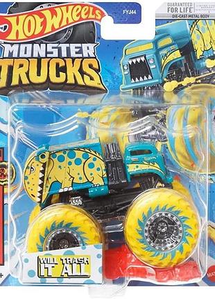 Hot wheels monster jam trucks мусоровоз дино will trash it all внедорожник джип 1:64 scale fyj44