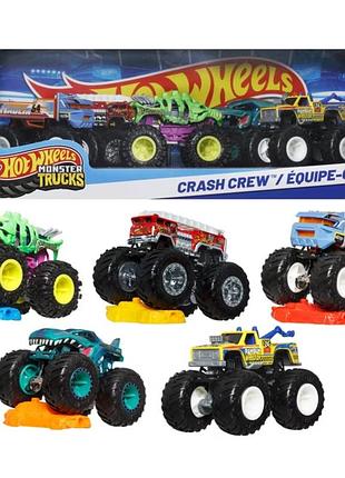 Hot wheels monster trucks, crash crew 5-pack of 1:64 набор внедорожник джип 5 alarm, mega wrex, haulin 64, ramblin wrecker, skeles