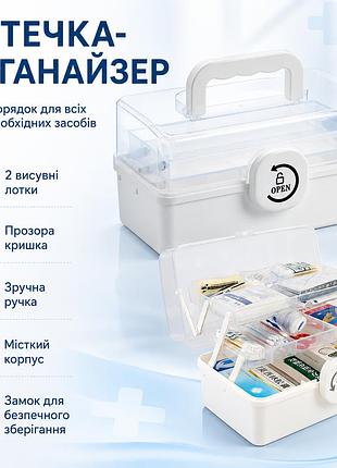 Органайзер для лекарств 28×15×14 см, пластиковая аптечка с ручкой, лотками и прозрачной крышкой