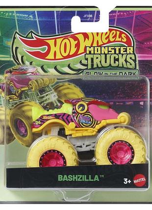 Hot wheels monster trucks glow in the dark bashzilla внедорожник джип 1:64 vehicle jfx08