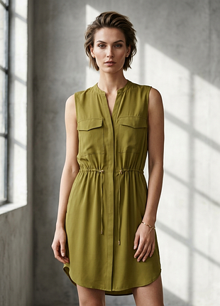Легка тканина 🌿 сукня-сорочка h&m 🏷️ сарафан хакі міді з куліскою 👗 сукня без рукавів карго в стилі мілітарі сафарі