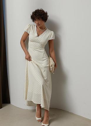 Длинное женское платье в горох с кружевными вставками - молочный цвет, s (есть размеры)