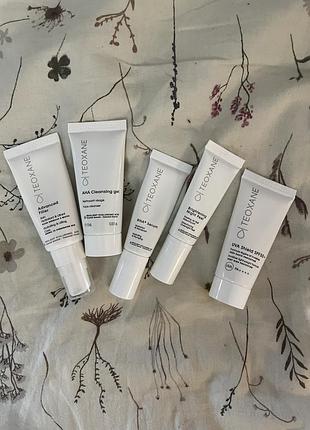 Teoxane cleansing gel, spf50, night peel, rha serum, advanced filler