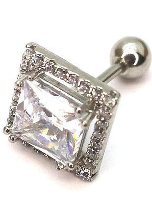 Сережки в хрящі сталеві з великим напівкоштовним цирконом, квадрат