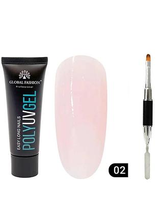 Комплект для полигеля: кисть-шпатель global + акриловый гель global fashion №02 (30 гр) натуральный розовый