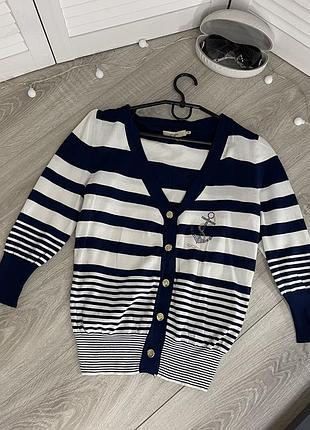 Джемпер кардиган укороченный италия 40 с м л societa синий белый в полоску