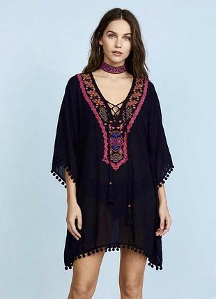 Calzedonia туніка вишита бохо стиль пляжна пончо з помпонами накидка віскоза чорна легка на літо весну на пляж вишиванка