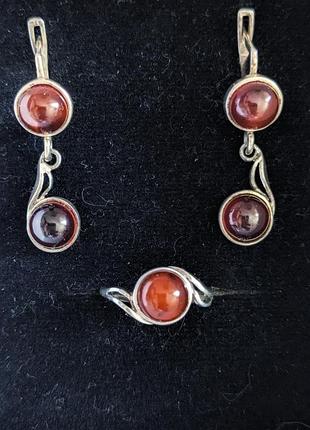 Серебряный набор с натуральным янтарем (каблочка и серьги), 925 проба