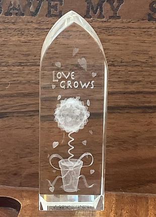 Сувенір із кришталю має лазерне гравіювання з написом "love grows" та зображенням квітки.