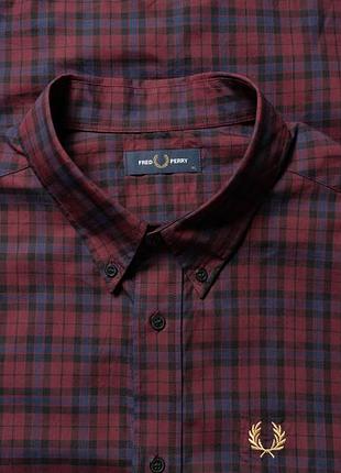 Fred perry burgundy navy check button up long sleeved cotton shirt   [smh017199]