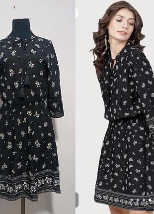 Легкое платье в цветочный принт с углосиками а-ля h&amp;m/ платье миди с резинкой на талии 36/165/84 см