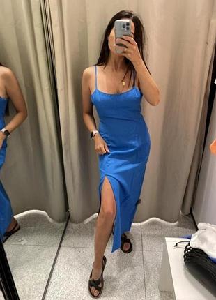 Сукня сарафан плаття синя льон з розрізом zara s m 8372 076