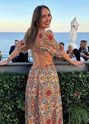 Платье сарафан платье вырезы длинный яркий принт шифон открытая спина zara xs s m 2298/168
