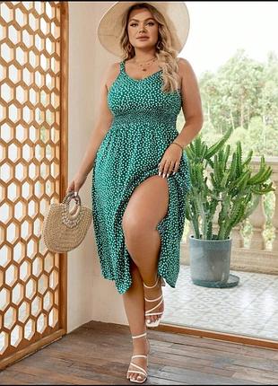 Сукня зелена xxl xxxl 3xl xl літня легка зелена міді довга з розрізом на брителях в принт горошок квітку зелена смарагдова легка