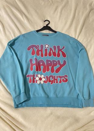 Яскравий блакитний світшот primark з об'ємним принтом «think happy thoughts»