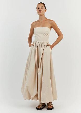 Zara бежева натуральна шикарна сукня зара zara довга міді максі бандо пишна молочна світла s m сукня балон з карманами