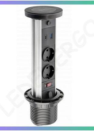 Удлинитель встраиваемый gtv camino с индукционной зарядкой 2 розетки usb a+c 10w 1,5 м черный