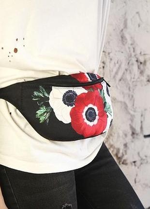 Сумка бананка bumbag червоні та білі квіти