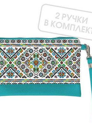 Клатч через плече вишивка квіти, блакитна екошкіра