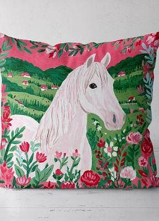 Подушка декоративна (soft) 45x45 см кінь та червоні квіти