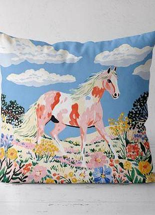 Подушка декоративна (soft) 45x45 см кінь та квіткове поле