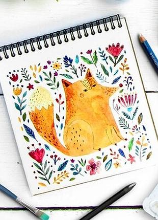 Блокнот sketchbook (квадрат.) лисиця і квіти на білому фоні