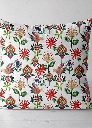 Подушка декоративна (soft) 45x45 см квіти та пташки на світлому фоні