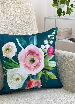 Подушка декоративна (soft) 45x45 см півонії на темно-зеленому фоні