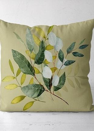 Подушка декоративна (soft) 45x45 см гілочки на світло-оливковому фоні