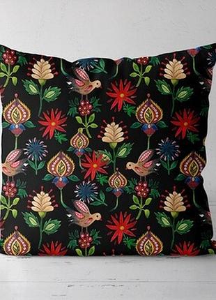 Подушка декоративна (soft) 45x45 см квіти та пташки на чорному тлі