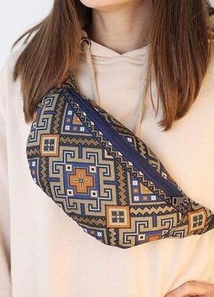 Сумка бананка bumbag коричневий орнамент на синьому фоні