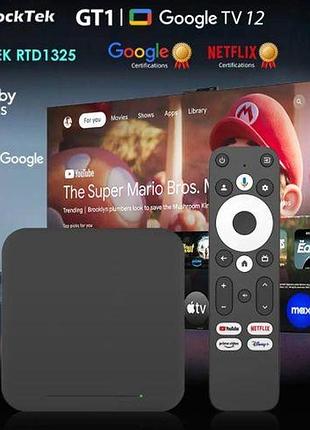 Смарт тв приставка rocktek gt1 2/32 gb, google tv 12, realtek rtd1325, smart tv box, пульт с голосовым поиском