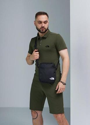 Комплект мужской tnf: поло хаки + шорты хаки + борсетка черная