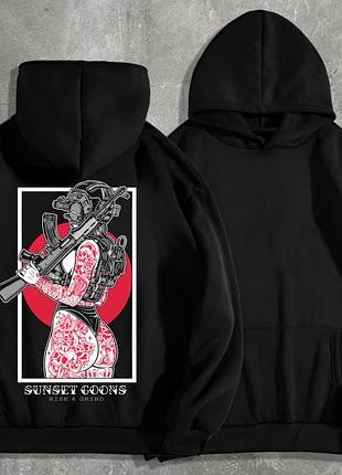 Худі чоловічий на флісі з принтом sunset goons дівчина спиною червоні тату , чорний s