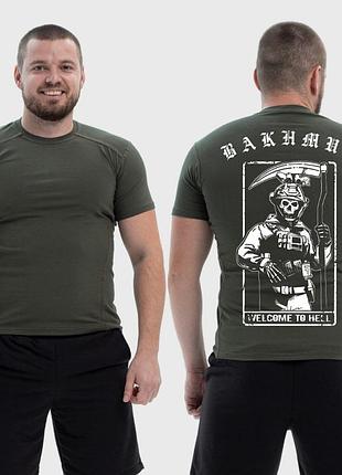Мужская тактическая футболка с принтом бахмут скелет с косой, хаки